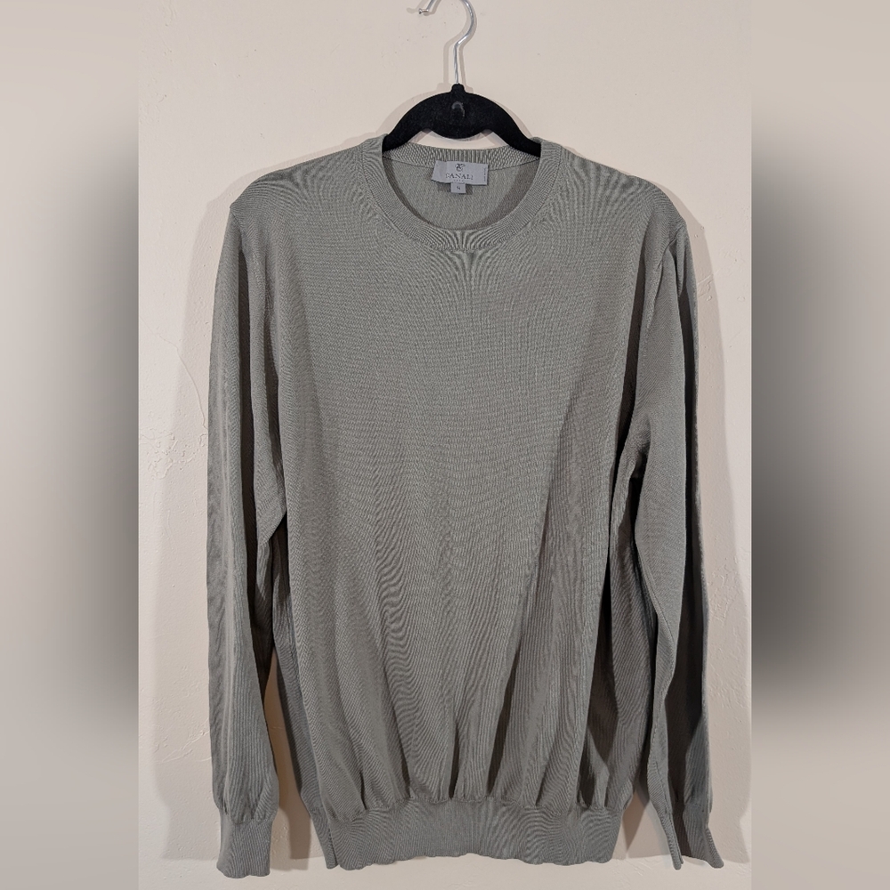 Canali Men's Cotton Olive Crewneck Sweater Size 54 Large Lightweight